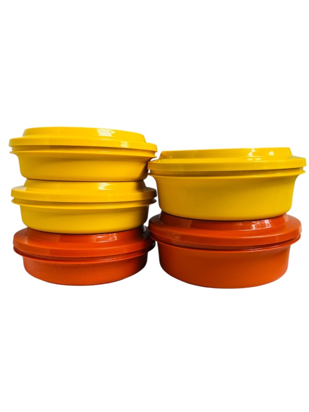 5 Tupperware Bowls Vintage Storage Containers Orange & Yellow Snap on Lids